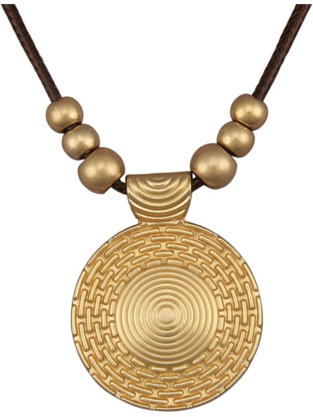 Women's Boho Round Pendant Necklace Vintage Textured Gold Disc Long Jewelry